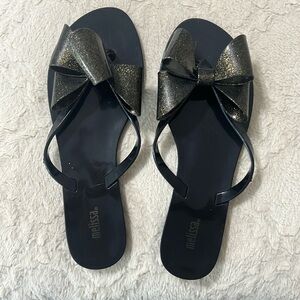 Melissa Black and Gold Glitter Bow Sandals Size 8